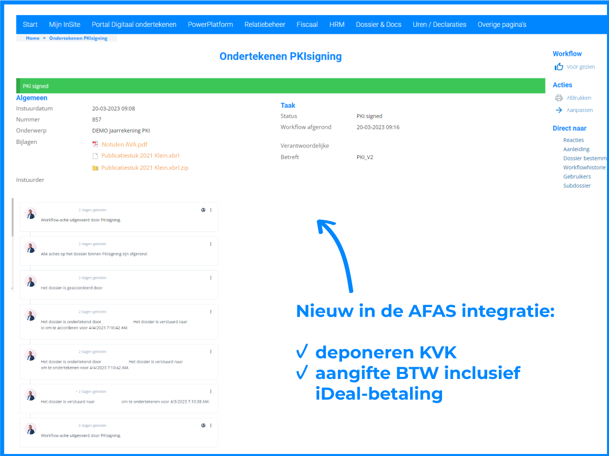 Nieuw in AFAS integratie: deponeren KVK en aangifte BTW met iDEAL-betaling direct vanuit workflows